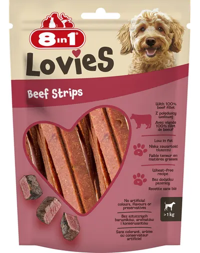 8IN1 Lovies Beef Strips 80 g recompensă pentru câini cu carne de vită coaptă