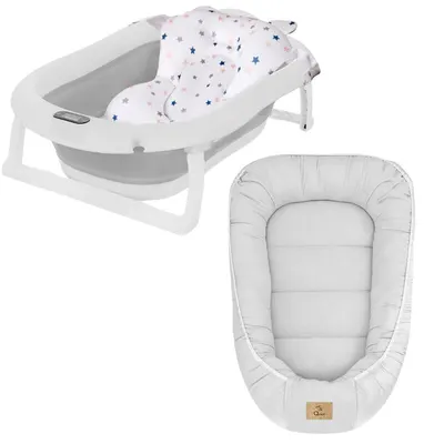 Set cadita pliabila Genua Premium, cu termometru, dop si suport anatomic, Gri si cosulet bebelus, Qmini, 55 x 75 cm, Husa 100% muselina dubla, Grey