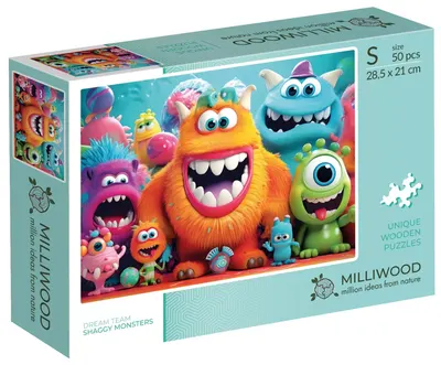 Puzzle din lemn Milliwood din 50 piese - Monstruleții (Mărimea S)