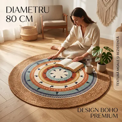 ​Covor EN GROS Rotund Stil Boho Premium, Model Etnic Decorativ, Diametru 80 cm