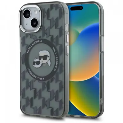 Husa MagSafe pentru Apple iPhone 15 Plus, Karl Lagerfeld, IML Monogram Karl & Choupette's Heads, Neagra