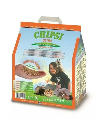 Așternut absorbant pentru iepuri și rozătoare JRS Chipsi Ultra 10 L / 4,5 kg din granule de lemn