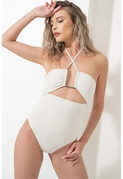 Costum de baie intreg cu decupaje - Alb murdar