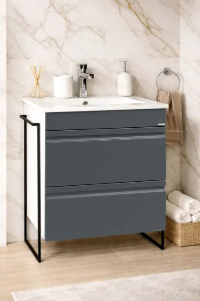 Set Baza front MDF si Lavoar seria 086, cadru metalic, cu sertare, 60 cm, antracit