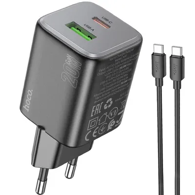 Set incarcator Hoco N41, Cablu type-C + Adaptor 2 Porturi, Incarcare rapida 20W, Compatibil iPhone 15/16 si Android, Negru Engros