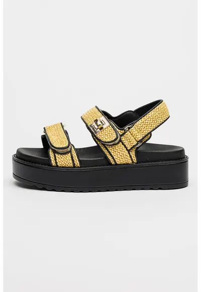 Sandale cu talpa flatform si inchidere velcro Bigmona - Negru/Galben pai