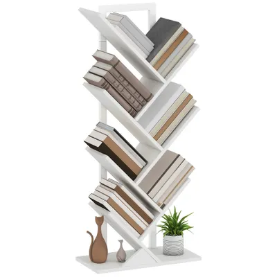 HOMCOM Bibliotecă în Formă de Copac cu 7 Rafturi și Sistem Antivoltaj pentru Sufragerie Dormitor 50x24x109 cm Alb | Aosom Romania