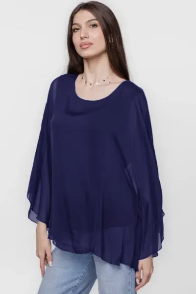 Bluza din matase si vascoza cu maneca clopot, bleumarin