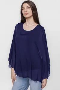 Bluza din matase si vascoza cu maneca clopot, bleumarin