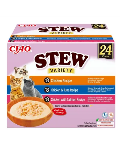 INABA Cat Ciao Stew Creamy Variety 24×40 g Mix de gustări cu pui, ton și somon în sos cremos pentru pisici