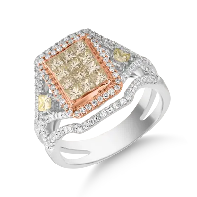 Inel din aur alb-roz cu diamante galbene princess de 0.8ct si diamante transparente de 0.6ct