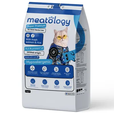Meatology, hrana uscata superpremium, hipoalergenica, pentru pisici adulte sterilizate, cu somon si orez, 9 kg