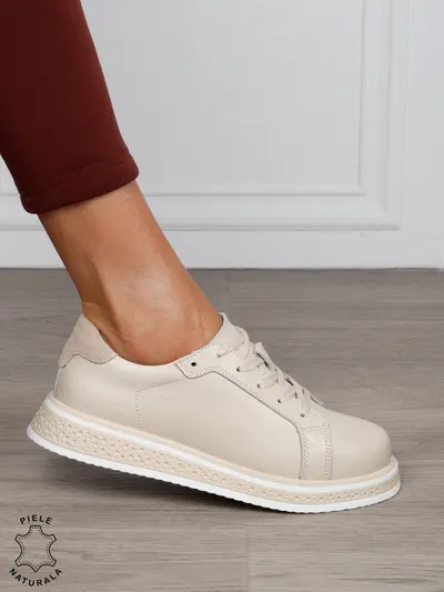 Pantofi Casual damă din piele naturală cu mici perforati CRL1513 BEJ