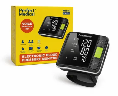 Tensiometru de incheietura Perfect Medical PM-52 cu senzori de inalta precizie, manseta 13,5-21,5 cm, functie vocala in limba romana, detectare aritmie, memorie 2 x 199