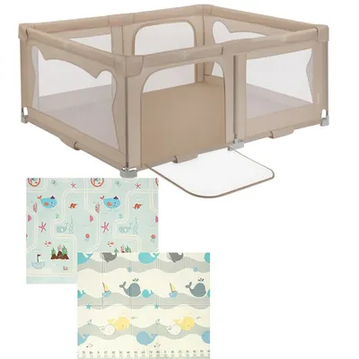 Pachet Tarc de joaca copii, Lionelo, Florence, 150 x 180 cm, Conform cu EN 12227:2010, Bej si Covoras educativ, Bocioland, Water City, Impermeabil, 150 x 180 cm
