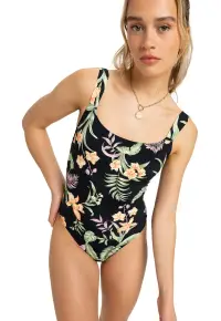 Costum de baie intreg cu model floral - Verde/Negru/Portocaliu