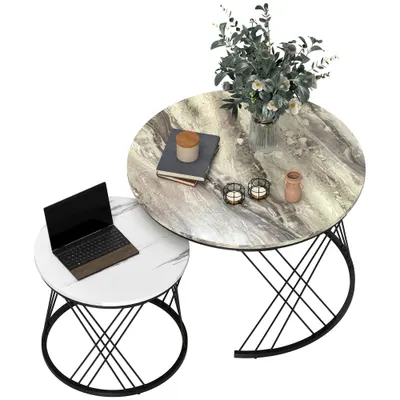 HOMCOM Lot de 2 mese joase gigogne rotunde Ø 70/44,5 cm cu blat efect marmură și picioare din metal, gri și alb | Aosom Romania