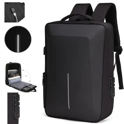 Rucsac laptop antifurt, inchidere cu cifru, USB incarcare, 45x32x14 cm, negru