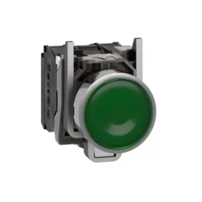 Buton luminos verde, incastrat complet Ø22 cu revenire cu arc 1NO+1NC 220, 240V