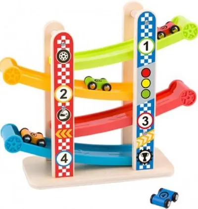 Pista din lemn Tooky toy, cu 4 masini