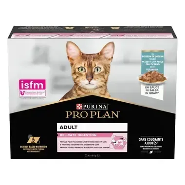Pachet 10 buc x 85 gr Hrana umeda pentru pisici Pro Plan Adult Delicate Digestion cu peste oceanic