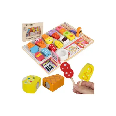 Joc educativ din lemn, Magazinul de inghetata, 27 elemente, mini casa de marcat, prindere cu velcro, multicolor