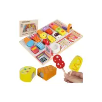 Joc educativ din lemn, Magazinul de inghetata, 27 elemente, mini casa de marcat, prindere cu velcro, multicolor