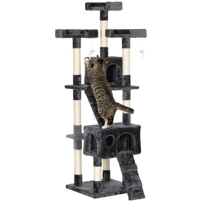 PawHut Albero Tiragraffi per Gatti con Due Cucce in Peluche e Sisal, Grigio, 50x50x170cm