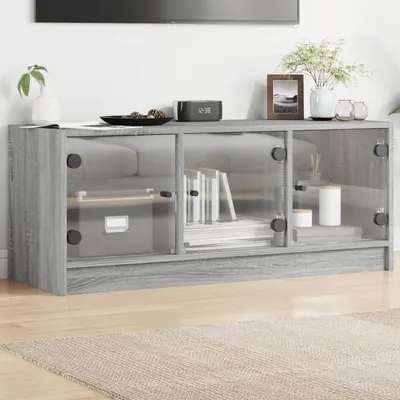vidaXL Comodă TV cu uși din sticlă, gri sonoma, 102x37x42 cm