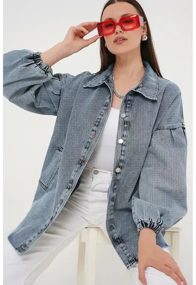 Geaca de blugi - supradimensionata - guler tip camasa - albastru Maya - denim