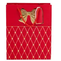 Pungi cadou cu mâner model fundă și romburi aurii 26x32x12cm - roșu (set 12 buc)