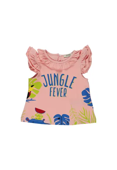 Tricou cu volane la guler si maneci - Jungle - Somon - pentru fetite - Roz somon