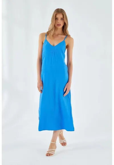 Rochie Midi - Albastru Cobalt - Decolteu in V - Slit - Textil