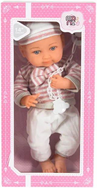 Păpuşă Moni Toys - Cu bluză cu dungi, suzetă și biberon, 36 cm
