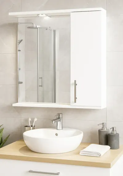 Dulap baie suspendat seria 020 cu oglinda, front MDF, montat, alb, 70x71 cm