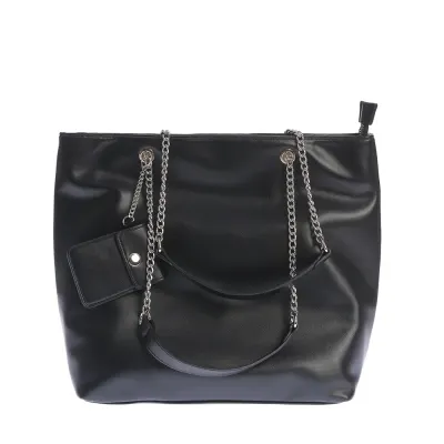 Geanta shopper neagra din piele ecologica cu lant metalic