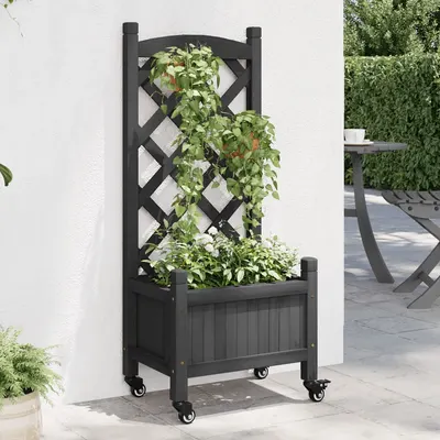 Gossi jardiniera cu spalier si roti, negru, lemn masiv de brad