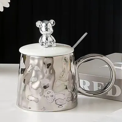 Cană cu capac Morello - Bear, cu linguriță, 300 ml, Silver