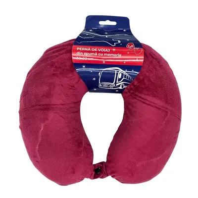 Pernă de călătorie, pentru adulți, culoare grena, din spumă cu memorie, 30 cm