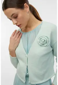 Cardigan crop cu aplicatie cu model floral - Albastru aquamarin