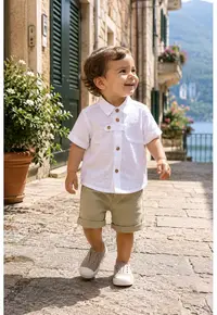 Compleu bebe baieti din muselina cu camasa alba si pantaloni scurti verzi