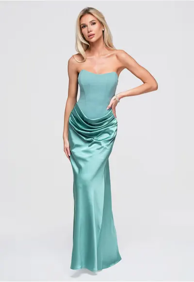 Rochie eleganta maxi cu corset - fara rami - satinat LA-OM-DLR392 - Verde