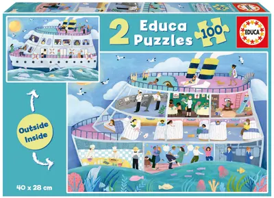 Puzzle Educa 2 x 100 piese pentru copii - Navă în exterior și în interior