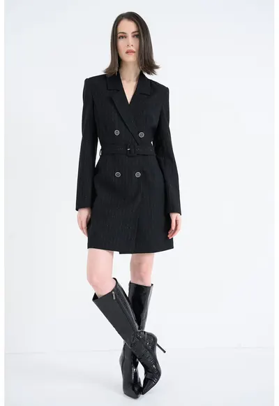 Rochie-sacou mini cu dungi - Negru/Argintiu