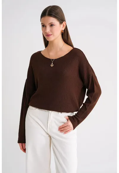 Pulover tricotat - supradimensionat - umeri cazuti - maro cafea - One Size