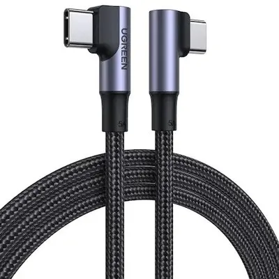 CABLU alimentare si date Ugreen, "US335", Fast Charging Data Cable pt. smartphone, USB Type-C la USB Type-C 100W/5A Complete Angled 90xxxx, braided, 2m, negru 70698