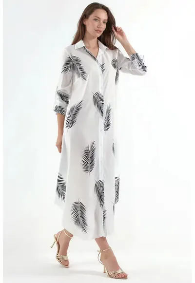 Rochie camasa maxi - imprimeu text - alb - poliestedwqfwqr si lycra - Alb