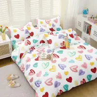 Lenjerie pat dublu, bumbac satinat, cearsaf clasic, 4 piese, Alb, inimioare