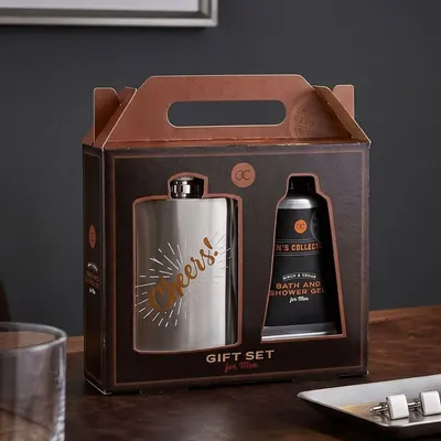 Set cadou pentru bărbați, MEN'S COLLECTION, Accentra, gel de duș și sticluță de buzunar din oțel inoxidabil