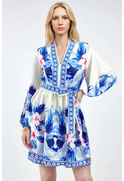 Rochie Mini - Floral - Albastru - Poliester-Bumbac-Lycra